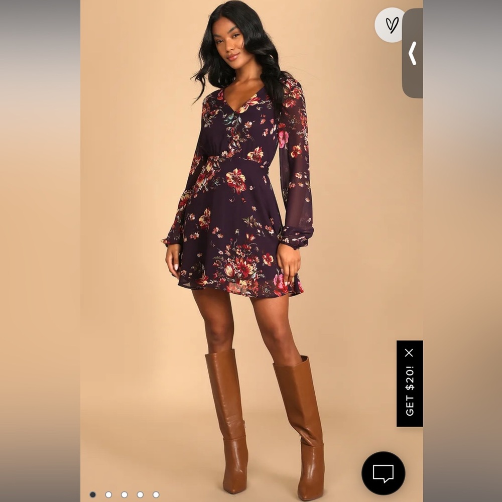 Lulus Always Yours Plum Purple Floral Print Long Sleeve Skater Dress. Size small